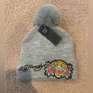 ED HARDY Classic Winter Gray Pom Beanie Embroidered Tiger Rose Design